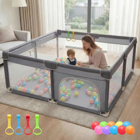 Orian Baby Playpen 50x50 Large Playpen for Babies and Toddlers, Oxford Fabric, Indoor & Outdoor Play Pen, 10 Colorful Balls, 4 Pull Up Rings, Carry Bag in Kuwait