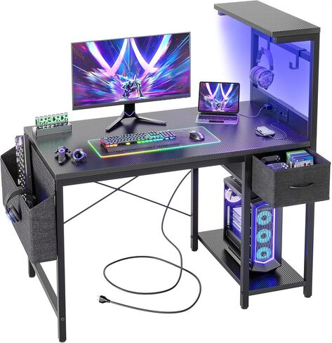 TIQLAB Gaming Desk 55 بوصة مع منفذ الطاقة وضوء LED ، مكتب كمبيوتر مع أرفف قابلة للانعكاس ودرج التخزين ، مكتب كمبيوتر صغير لجدول المكتب المنزلي مع حقيبة ، ألياف الكربون الوردي in Kuwait