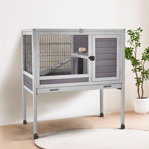 قفص خنزير غينيا مع حامل خشبي - قفص الهامستر ، قفص حيوان صغير مضاد للمضغ ، مخبأ ، منصة ، سحب صينية (الخشب ، ل) in Kuwait