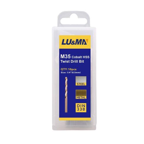 LU&MN M35 Cobalt HSS لقمة مثقاب ملتوية بطول Jobber مع ساق مستقيمة، شديدة التحمل، حفر للحديد الزهر، الفولاذ المعالج بالحرارة، الفولاذ المقاوم للصدأ والمواد الصلبة الأخرى، 10 قطع، 1/4 بوصة in Kuwait