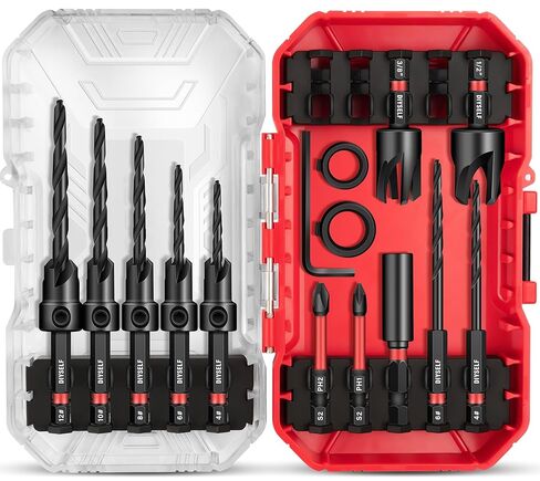 DIYSELF 15PCS Countersink Drill Bit Set for Woodworking, 1/4 Countersink Drill Bit, M2 Cobalt HSS Tapered Bits, Wood Plug Cutters, Collars&Extension, Counter Sink Drill Bit for Wood in Kuwait