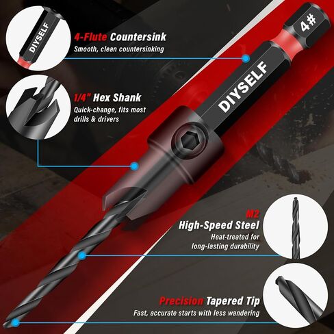 DIYSELF 15PCS Countersink Drill Bit Set for Woodworking, 1/4 Countersink Drill Bit, M2 Cobalt HSS Tapered Bits, Wood Plug Cutters, Collars&Extension, Counter Sink Drill Bit for Wood in Kuwait
