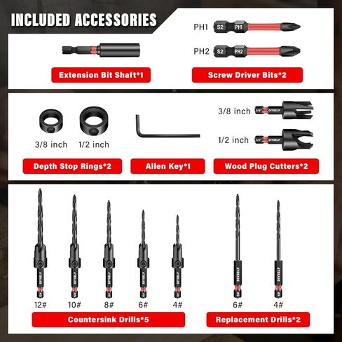 DIYSELF 15PCS Countersink Drill Bit Set for Woodworking, 1/4 Countersink Drill Bit, M2 Cobalt HSS Tapered Bits, Wood Plug Cutters, Collars&Extension, Counter Sink Drill Bit for Wood in Kuwait