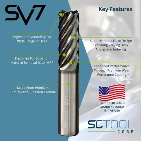 SCT20734 SV7 7-Flute، قطر 1/2 بوصة، طول القطع 1-1/4 بوصة، نصف قطر الزاوية .015 بوصة، القطع المركزي، 3 بوصة OAL، مطلي، قطر عرقوب 1/2 بوصة، مطحنة نهاية كربيد الحلزون المتغيرة عالية الأداء للمواد الحديدية in Kuwait
