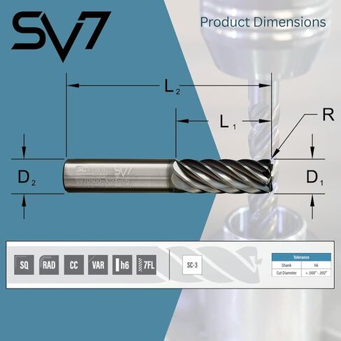 SCT20734 SV7 7-Flute، قطر 1/2 بوصة، طول القطع 1-1/4 بوصة، نصف قطر الزاوية .015 بوصة، القطع المركزي، 3 بوصة OAL، مطلي، قطر عرقوب 1/2 بوصة، مطحنة نهاية كربيد الحلزون المتغيرة عالية الأداء للمواد الحديدية in Kuwait