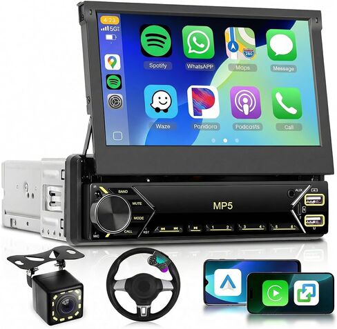 Single Din Car Stereo with Wireless Carplay Android Auto,Sellrich 7 inch Flip Out Touch Screen Bluetooth Car Radio with YouTube Mirror Link FM Dual USB/AUX/Type-C Ports External Mic SWC Backup Camera in Kuwait