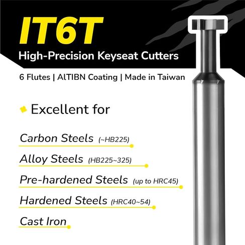 SPEED TIGER IT6T Keyseat Cutter T-Slot Undercutting End Mill, Dia. 1/4",Cutter Width 0.040", Neck Dia.1/8",Neck Length 3/8",Shank Dia. 1/4",OAL 2-1/2", 6Flutes,for Alloy Steels, Hardened Steel, Metal in Kuwait