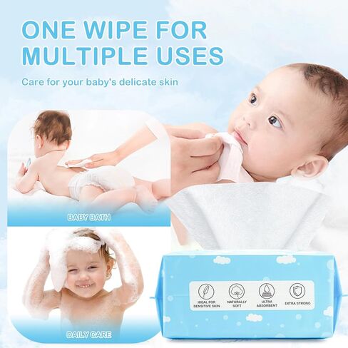 مناديل مبللة جافة للأطفال من هابي بوم - مناديل مبللة للأطفال مصنوعة من القطن بنسبة 100%، للاستخدام الرطب والجاف، 200 قطعة غير معطرة لبشرة الطفل الحساسة in Kuwait