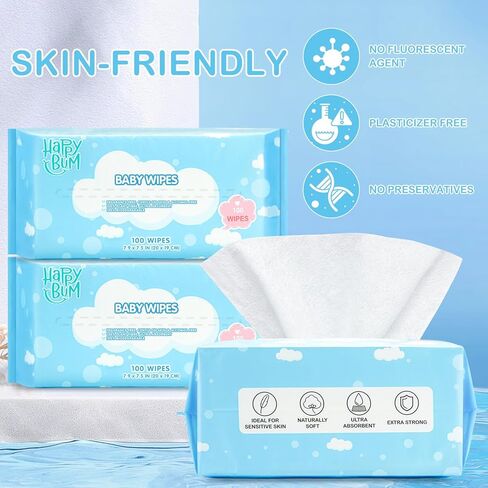 مناديل مبللة جافة للأطفال من هابي بوم - مناديل مبللة للأطفال مصنوعة من القطن بنسبة 100%، للاستخدام الرطب والجاف، 200 قطعة غير معطرة لبشرة الطفل الحساسة in Kuwait