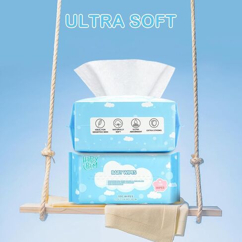 مناديل مبللة جافة للأطفال من هابي بوم - مناديل مبللة للأطفال مصنوعة من القطن بنسبة 100%، للاستخدام الرطب والجاف، 200 قطعة غير معطرة لبشرة الطفل الحساسة in Kuwait
