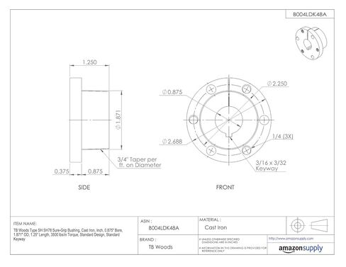 TB Woods Type SH SH78 Sure-Grip Bushing, Cast Iron, Inch, 0.875" Bore, 1.871" OD, 1.25" Length, 3500 lbs/in Torque, Standard Design, Standard Keyway in Saudi Arabia