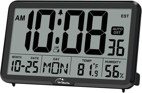 WallarGe Auto Set Digital Wall Clock Battery Operated, Desk Clocks with Temperature, Humidity and Date, Large Display Digital Calendar Alarm Clock for Elderly, Bedroom, Office, 8 Time Zone, Auto DST. in Kuwait