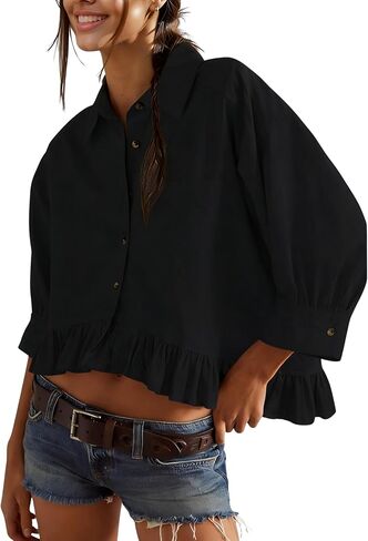 InterNos Womens Striped 3/4 Sleeve Blouse Loose V Neck Button Down Ruffled Hem Vertical Shirt Top with Pocket in Kuwait