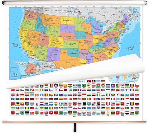 US & World Intermediate Classroom Arom Down Map التي وضعتها Brightway Educational [مع اللوحات التعليمية] | 63 "خرائط جدار تعليمية واسعة | ألوان زاهية | خطوط كبيرة | الصفوف 6+ | الميزات الجغرافية | العواصم الوطنية والمدن الرئيسية in Kuwait