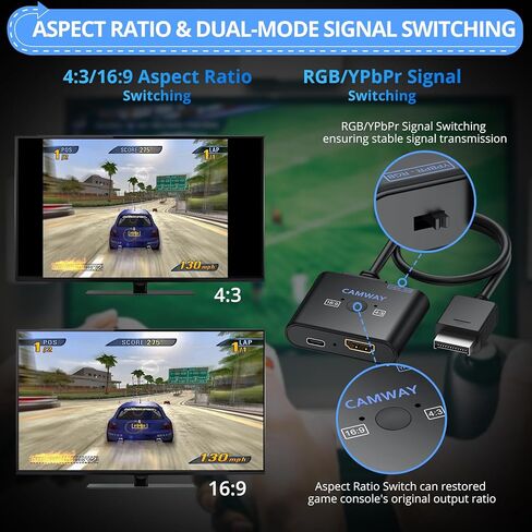 CAMWAY PS2 to HDMI Converter - 4:3/16:9 Conversion 1080P AV to HDMI Adapter Male Cable for PS1/PS2 Retro Gaming Consoles, Plug and Play,Clear Video and Audio in Kuwait
