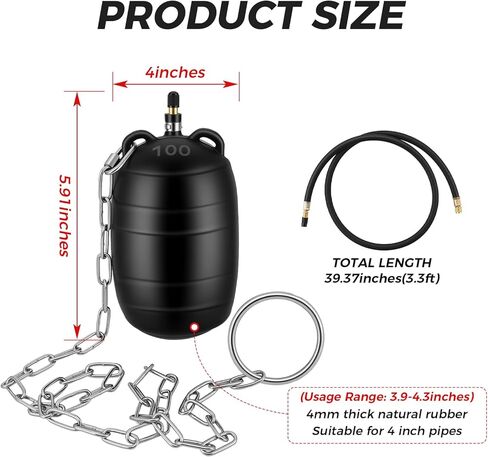 قابس أنبوب قابل للنفخ مقاس 4 بوصات، طقم توصيل اختبار الصرف الصحي مع خرطوم هواء قوي بطول 3.3 قدم وسلسلة سحب آمنة لفحص خطوط أنابيب الصرف الصحي، واختبار ضغط خطوط الأنابيب، وحجب الصرف in Kuwait