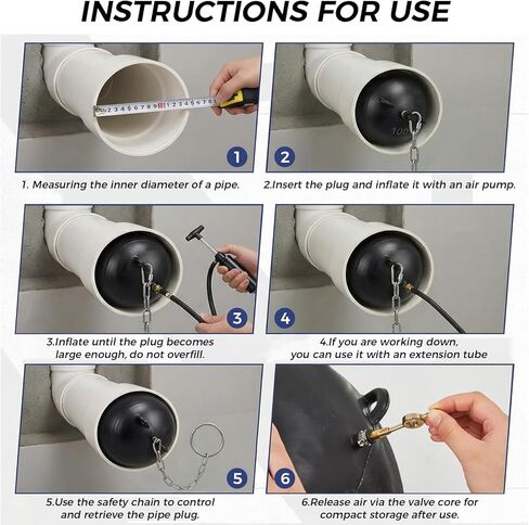 قابس أنبوب قابل للنفخ مقاس 4 بوصات، طقم توصيل اختبار الصرف الصحي مع خرطوم هواء قوي بطول 3.3 قدم وسلسلة سحب آمنة لفحص خطوط أنابيب الصرف الصحي، واختبار ضغط خطوط الأنابيب، وحجب الصرف in Kuwait