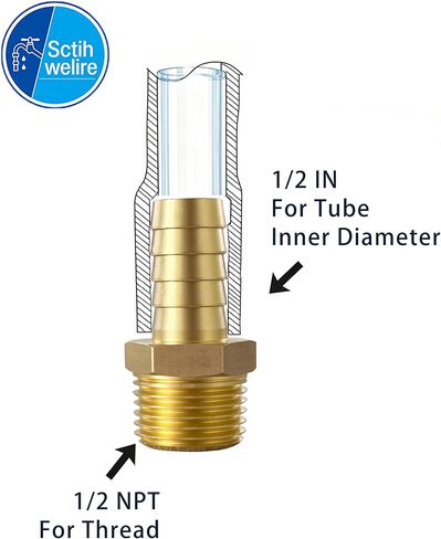 Brass Hose Barb Fitting, 1/2" Barb x 1/2" MNPT, 10-Pack, Male NPT to Hose Connector for Air, Fuel & Fluid Lines (1/2"ID to 1/2NPT) in Kuwait
