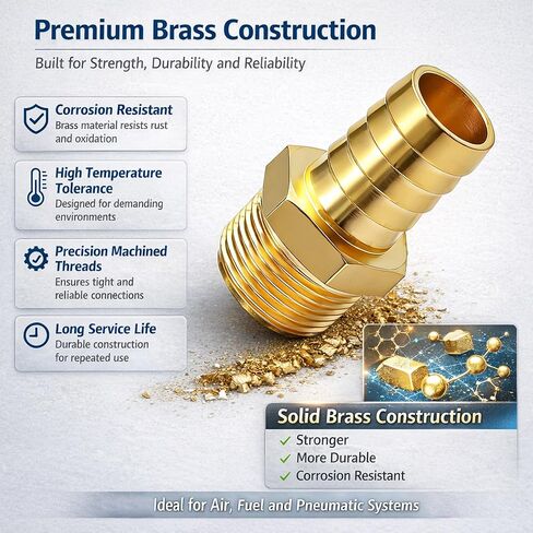 Brass Hose Barb Fitting, 1/2" Barb x 1/2" MNPT, 10-Pack, Male NPT to Hose Connector for Air, Fuel & Fluid Lines (1/2"ID to 1/2NPT) in Kuwait