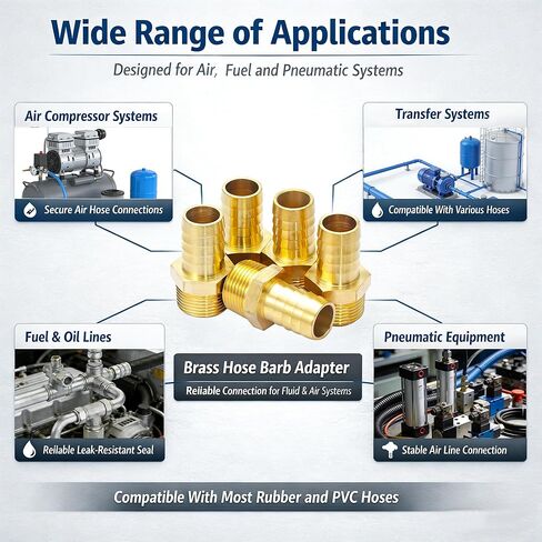 Brass Hose Barb Fitting, 1/2" Barb x 1/2" MNPT, 10-Pack, Male NPT to Hose Connector for Air, Fuel & Fluid Lines (1/2"ID to 1/2NPT) in Kuwait