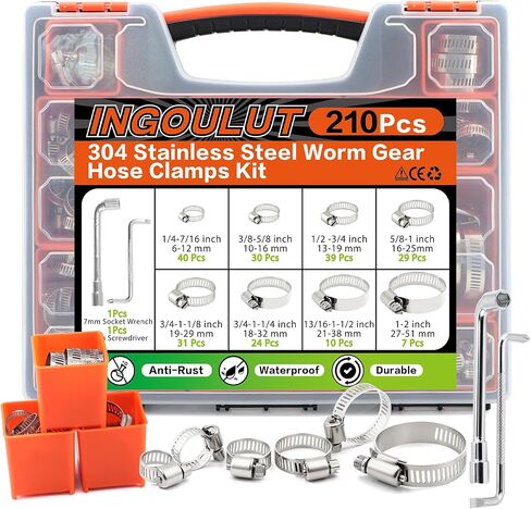 185Pcs Stainless Steel Hose Clamps Assortment Kit 1/4"to 2"(6-51mm)+10FT Metal Strap+8Pcs Fasteners Adjustable Worm Gear Hose Clamps for Automotive/Garden/Water Pipe/Sprinkler Line/Fuel Line in Kuwait