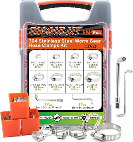 185Pcs Stainless Steel Hose Clamps Assortment Kit 1/4"to 2"(6-51mm)+10FT Metal Strap+8Pcs Fasteners Adjustable Worm Gear Hose Clamps for Automotive/Garden/Water Pipe/Sprinkler Line/Fuel Line in Saudi Arabia
