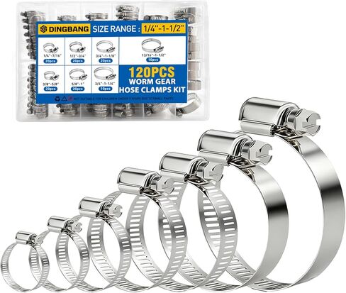 Hose Clamp Kit, 120 pcs Stainless Steel Hose Clamps Assortment Kit Adjustable 1/4'' -1/2'', Worm Gear Hose Clamps For Garden and Water Pipe, Automotive,Radiator Plumbing,Fuel Line in Saudi Arabia