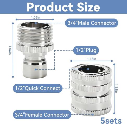 5 Pack Garden Hose Quick Release Connect Fittings, 1/2 to 3/4 Inch GHT Garden Hose Adapter, Stainless Steel Heavy Duty Water Hose Connector Fitting sets for Hoses and Sprayers in Saudi Arabia