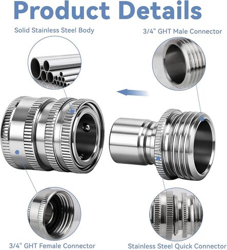 5 Pack Garden Hose Quick Release Connect Fittings, 1/2 to 3/4 Inch GHT Garden Hose Adapter, Stainless Steel Heavy Duty Water Hose Connector Fitting sets for Hoses and Sprayers in Saudi Arabia