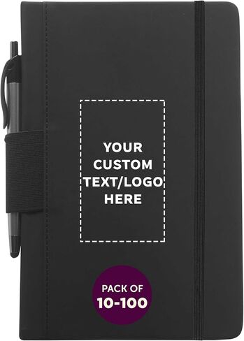 DISCOUNT PROMOS 10 Executive Notebooks with Pen Pack - Customizable Text, Logo - 6 x 8.5 inches, Recycled, Pen Loop, Closure Strap - Black in Kuwait