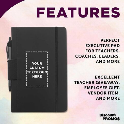 DISCOUNT PROMOS 10 Executive Notebooks with Pen Pack - Customizable Text, Logo - 6 x 8.5 inches, Recycled, Pen Loop, Closure Strap - Black in Kuwait