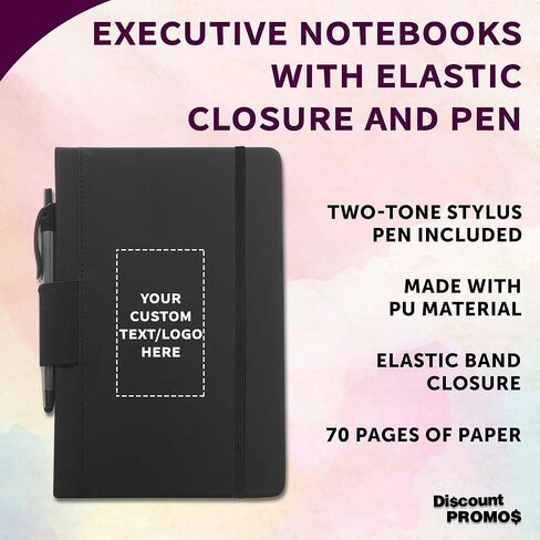 DISCOUNT PROMOS 10 Executive Notebooks with Pen Pack - Customizable Text, Logo - 6 x 8.5 inches, Recycled, Pen Loop, Closure Strap - Black in Kuwait