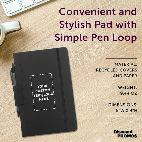 DISCOUNT PROMOS 10 Executive Notebooks with Pen Pack - Customizable Text, Logo - 6 x 8.5 inches, Recycled, Pen Loop, Closure Strap - Black in Kuwait