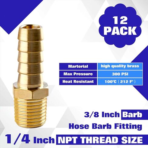 12Pcs Hose Barb Fitting 3/8" Barb to 1/4" NPT Male Thread Hose Adapter Connector 1/4" NPT to 3/8" Fittings Barbed Air Repair Fitting Kit for Gas Air with tape in Saudi Arabia