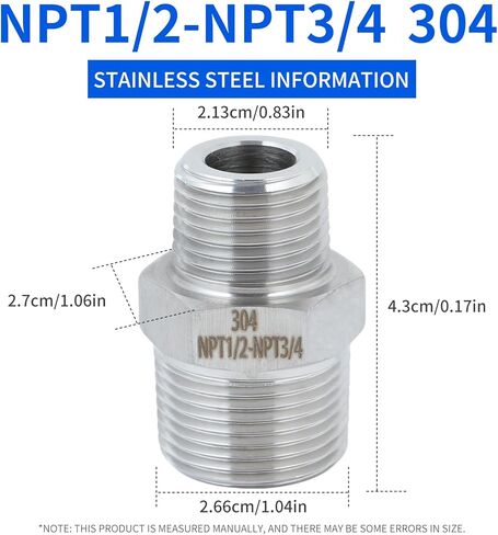 2 حزمة محول ذكر 1/2 إلى 3/4 ذكر، NPT1/2 ذكر-NPT3/4 حلمة ذكر، تركيب أنابيب ملولبة للخدمة الشاقة، فولاذ مقاوم للصدأ 304. in Kuwait