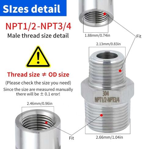 2 حزمة محول ذكر 1/2 إلى 3/4 ذكر، NPT1/2 ذكر-NPT3/4 حلمة ذكر، تركيب أنابيب ملولبة للخدمة الشاقة، فولاذ مقاوم للصدأ 304. in Kuwait