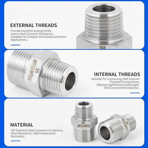 2 حزمة محول ذكر 1/2 إلى 3/4 ذكر، NPT1/2 ذكر-NPT3/4 حلمة ذكر، تركيب أنابيب ملولبة للخدمة الشاقة، فولاذ مقاوم للصدأ 304. in Kuwait