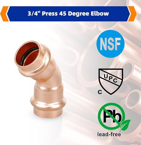 (Znkiok 10 عبوات) تركيبات نحاسية Propress 3/4 بوصة خالية من الرصاص، 3/4 بوصة اضغط على كوع 45 درجة لتوصيل أنبوب النحاس، UPC، NSF/ANSI61. in Kuwait