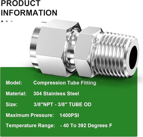 TAISHER 5PCS 304 Stainless Steel Compression Tube Pipe Fitting Connector, 3/8" Tube OD x 3/8" NPT Male Straight Adapter in Kuwait