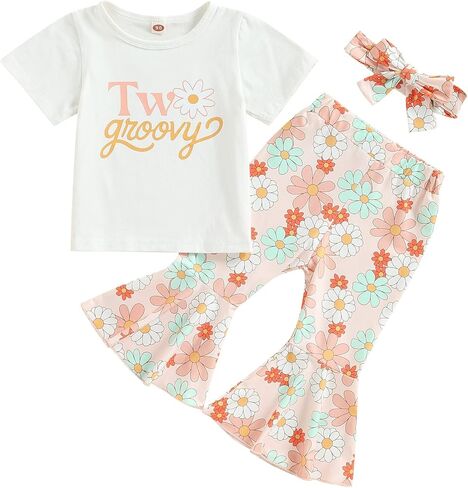 CHAUKAREAUL Toddler Girl Birthday Outfit Wild 1-5 Birthday Short Sleeve Romper Shirts Bodysuit Leopard Print Bell Bottom Pant in Kuwait