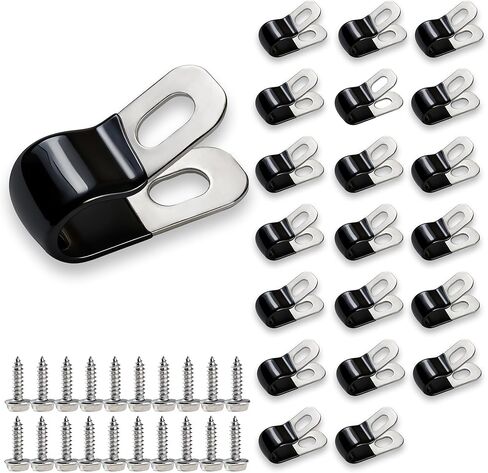 20Pcs 3/16" 304 Stainless Steel Rubber Coated Insulated Cable Clamps,Brake Line Clips,Metal Wire Clamps, Hose Clamp, Pipe Clamp, for Tube Lines Wire Cord Installation with 20 Pcs Self-Tapping Screws in Kuwait