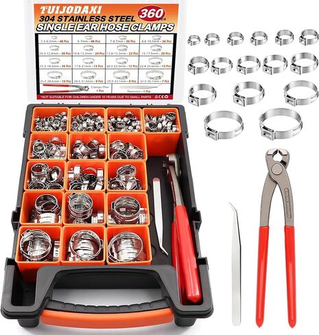 360PCS Single Ear Hose Clamp Kit, 16-Sizes 5.3-36.1mm 304 Stainless Steel Stepless Clamps with Pliers, for Automotive, PEX Pipe, Fuel Line, Home Appliance & Industrial Use in Saudi Arabia