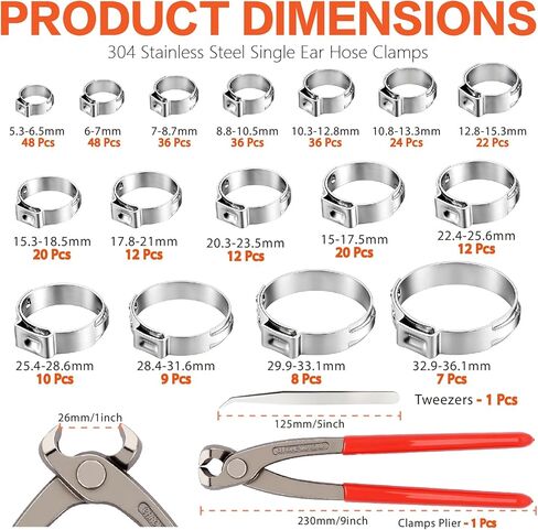 360PCS Single Ear Hose Clamp Kit, 16-Sizes 5.3-36.1mm 304 Stainless Steel Stepless Clamps with Pliers, for Automotive, PEX Pipe, Fuel Line, Home Appliance & Industrial Use in Saudi Arabia