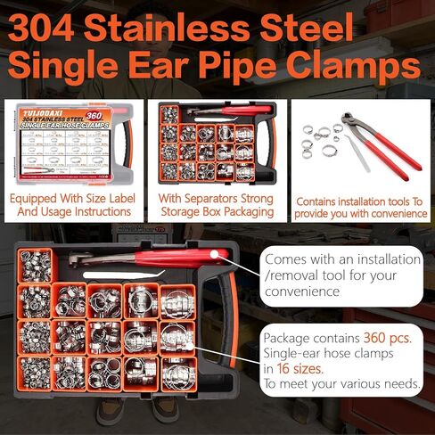 360PCS Single Ear Hose Clamp Kit, 16-Sizes 5.3-36.1mm 304 Stainless Steel Stepless Clamps with Pliers, for Automotive, PEX Pipe, Fuel Line, Home Appliance & Industrial Use in Saudi Arabia