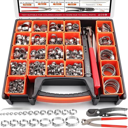 360PCS Single Ear Hose Clamp Kit, 16-Sizes 5.3-36.1mm 304 Stainless Steel Stepless Clamps with Pliers, for Automotive, PEX Pipe, Fuel Line, Home Appliance & Industrial Use in Saudi Arabia