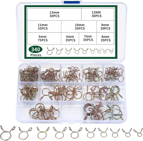 340 PcsSpring Clips Clamps, 9 Sizes 5-13mm Hose Spring Clamps, Double Wire Fuel Line Spring Clamp Fasteners, Car Fuel Line Clips for Motorcycle Scooter ATV Tubing in Kuwait