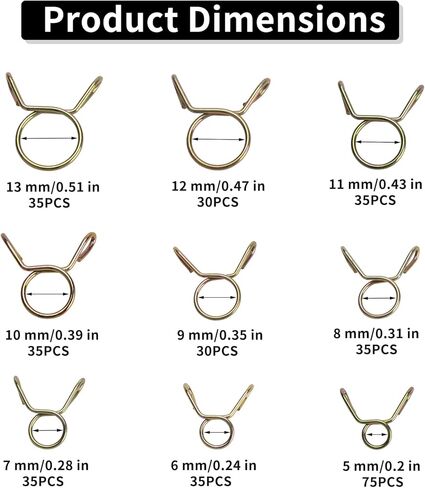 340 PcsSpring Clips Clamps, 9 Sizes 5-13mm Hose Spring Clamps, Double Wire Fuel Line Spring Clamp Fasteners, Car Fuel Line Clips for Motorcycle Scooter ATV Tubing in Kuwait