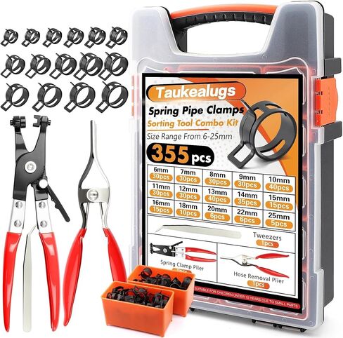 355Pcs 6-25mm Spring Hose Clamps Assortment Kit With Swivel Flat Clamp Plier and Removal Plier,Radiator Hose Clamp,Black Hose Clips for Automotive Fuel Line,Silicone Vacuum in Kuwait