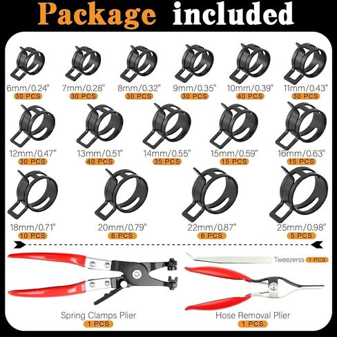 355Pcs 6-25mm Spring Hose Clamps Assortment Kit With Swivel Flat Clamp Plier and Removal Plier,Radiator Hose Clamp,Black Hose Clips for Automotive Fuel Line,Silicone Vacuum in Kuwait