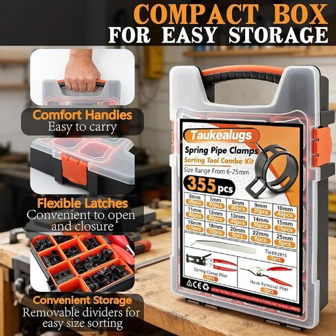 355Pcs 6-25mm Spring Hose Clamps Assortment Kit With Swivel Flat Clamp Plier and Removal Plier,Radiator Hose Clamp,Black Hose Clips for Automotive Fuel Line,Silicone Vacuum in Kuwait